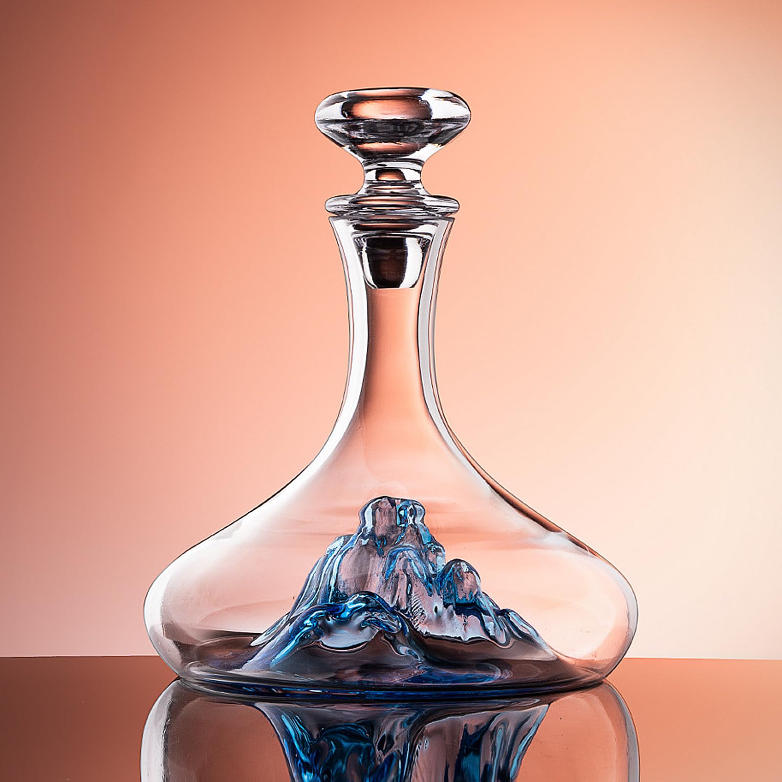 Décanteur à vin en verre cristal, carafe à vin luxueuse avec cascade en forme de montagne de glace bleue intégrée, aérateur à vin sans plomb avec bouchon en verre, accessoire à vin (Court