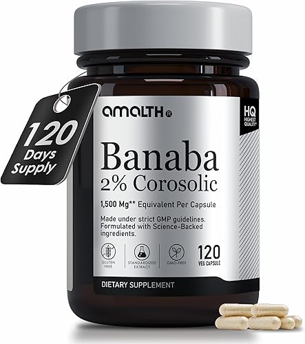 AMALTH Cápsulas de extracto de hoja de banaba de 500 mg, ácido corosólico al 2% (extracto concentrado) 120 unidades veganas Sin OMG y vegano