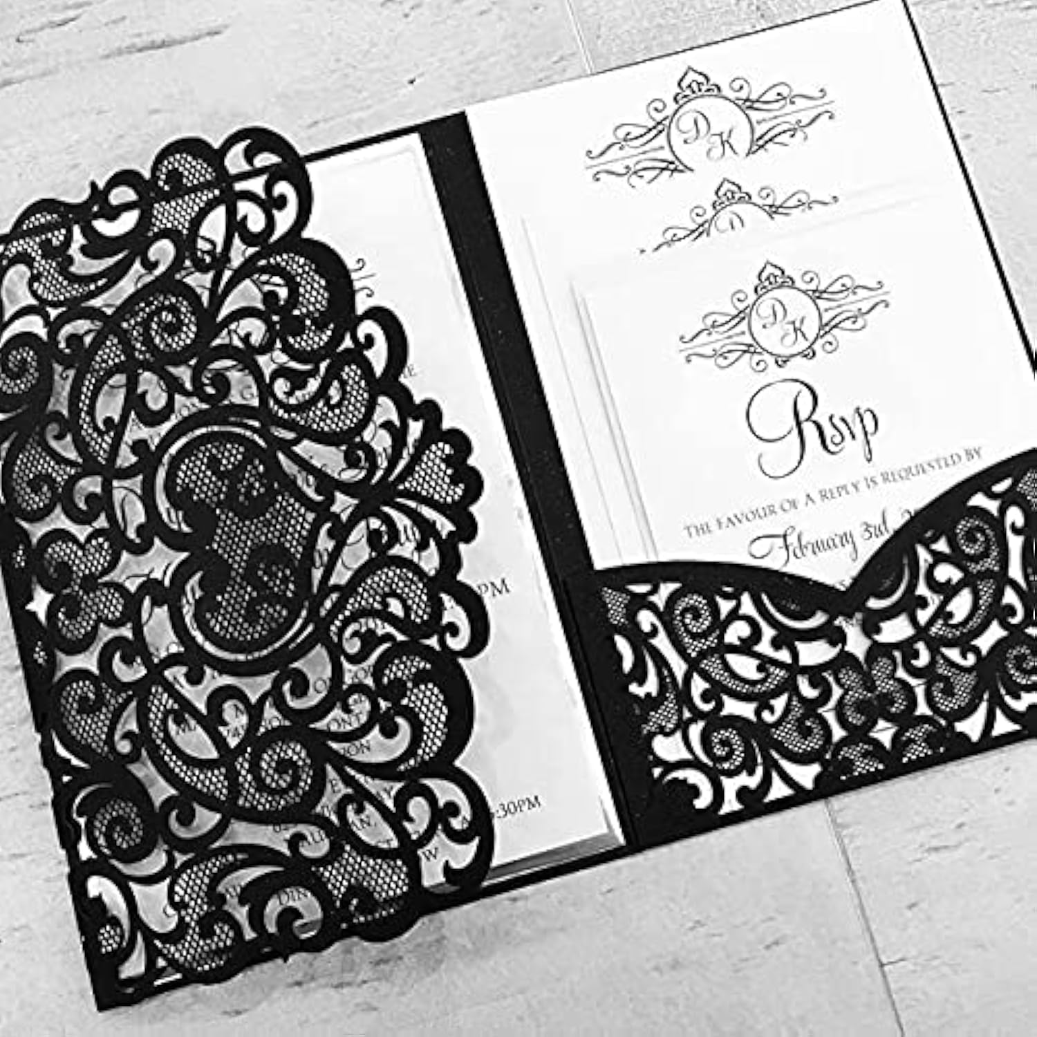 NC Cylallen 50 Sets Tri fold Love Hollow Laser cut Pocket Wedding Invite Invitation Card Jacket for Party Birthday Quinceañera Invite 4.92 by 7.28