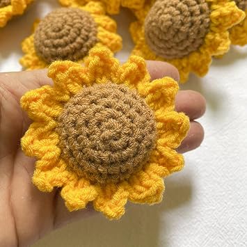 Snadulor 10 Pcs Crochet Flowers for Crafts,Crochet Sunflower Heads for Clothes,Hats,DIY Bouquets,Arts Crafts DIY Decor