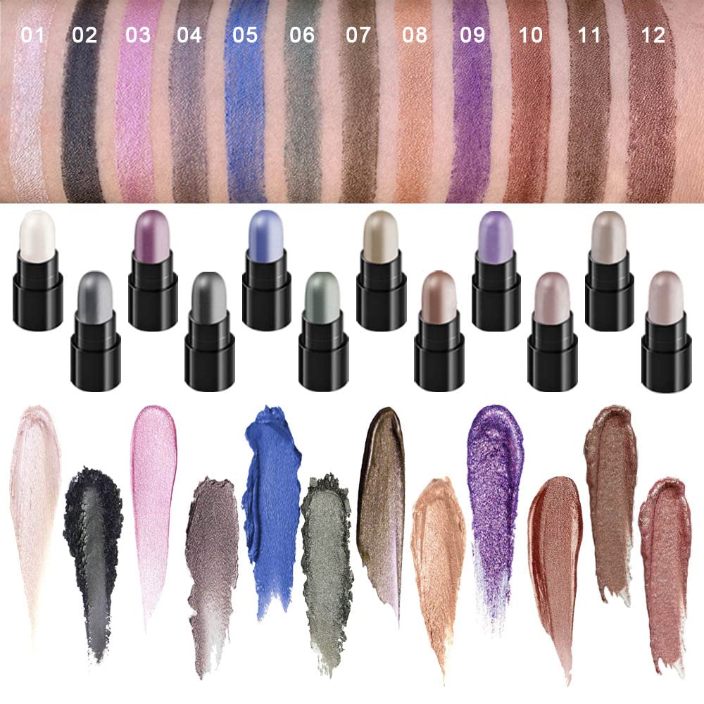 BINGBRUSH 12 Colors Glitter Gradient Eyeshadow Eye shadow Stick Pen Makeup Set, DNM Waterproof Shimmer Pink Eyeshadow Sticks Smoky Makeup Cosmetic (Bright color)