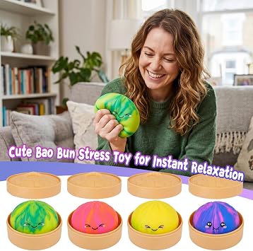 4 Pack Dumpling Squishy,Kawaii Dumplings Squishies Bao Bun Fidget Toyswith Steamer Baskets,Soft Squeeze Stress Relief Sensory Toys for Kids Adults,Rainbow Party Bag Fillers (4 Pack Rainbow)