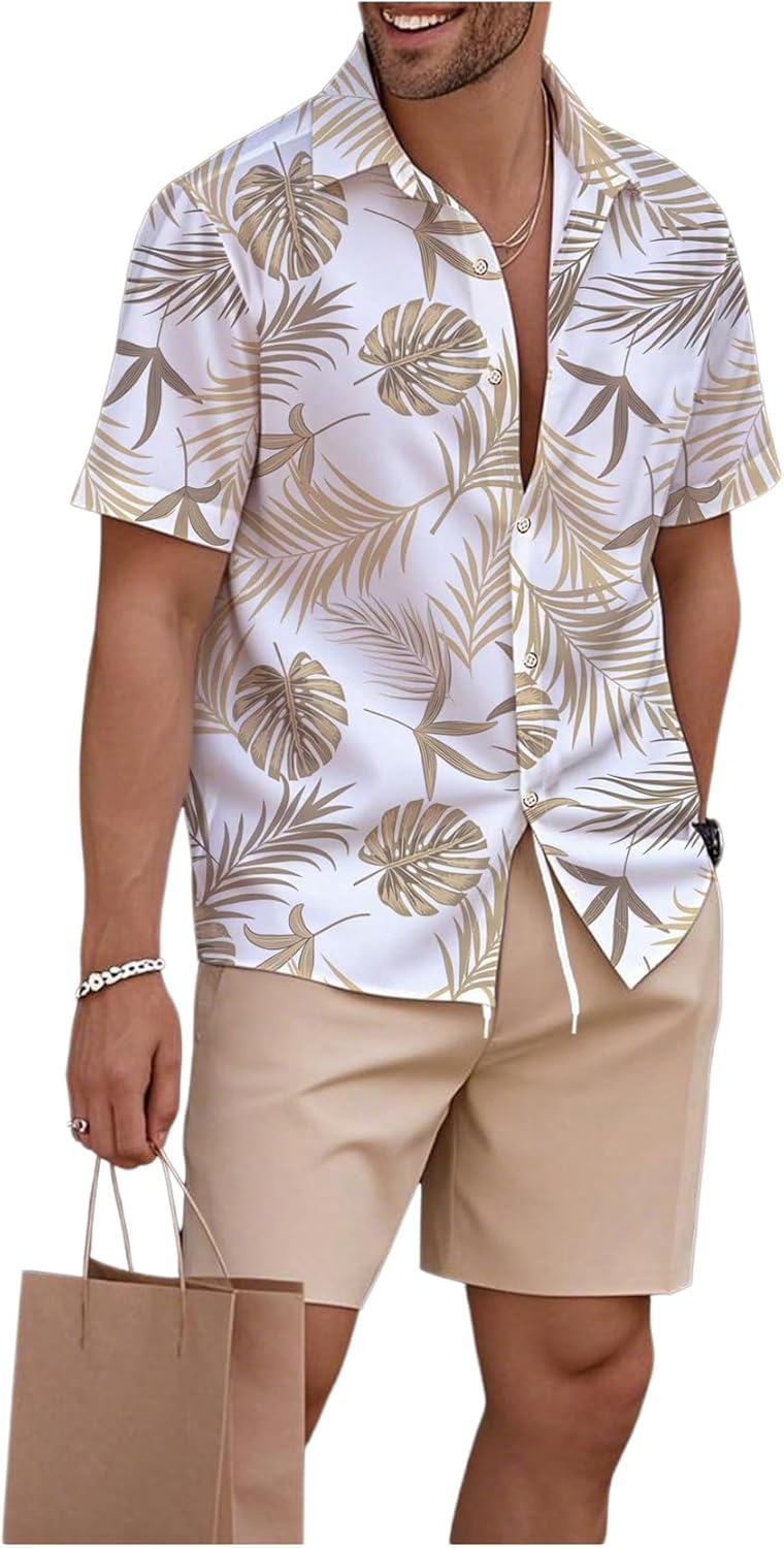 GORGLITTER Men's 2 Piece Cruise Outfits 2026 Tropical Print Short Sleeve Button Down Hawaiian Shirt and Matching Shorts Sets - Image 5