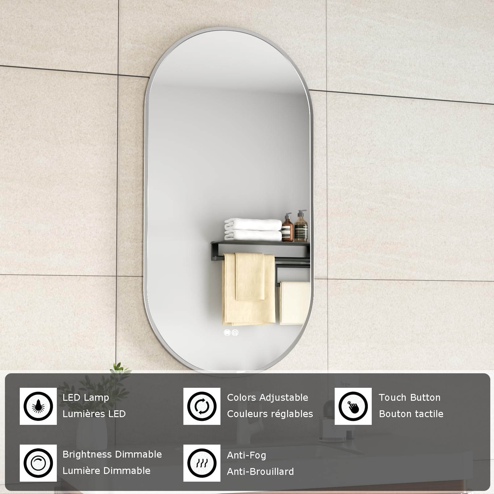 Ovale badkamerspiegel met ledlicht, 50 × 100 cm, anti-condens, dimbaar, touch-schakelaar, eenvoudige make-upspiegel