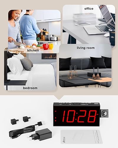 Vista 24 de OnLyee Reloj despertador de proyección para dormitorio, LED digital en pared de techo con carga de teléfono USB, batería de respaldo, proyector Negro