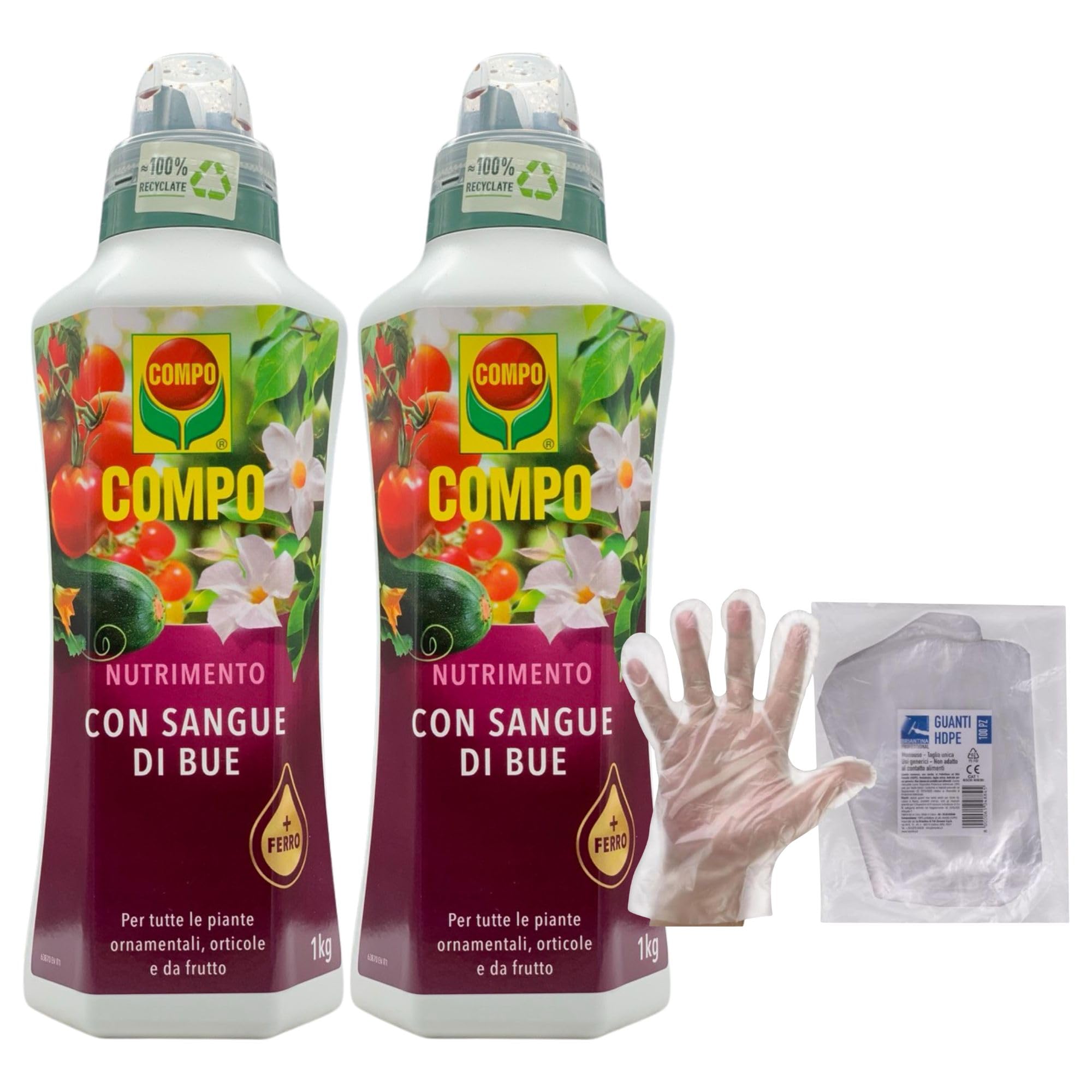 SET: 2x Concime NUTRIMENTO Con SANGUE DI BUE Più Ferro. Per Tutte Le Piante Ornamentali, Orticole e Da Frutto 1000ml + 100pz Guanti HDPE Monouso