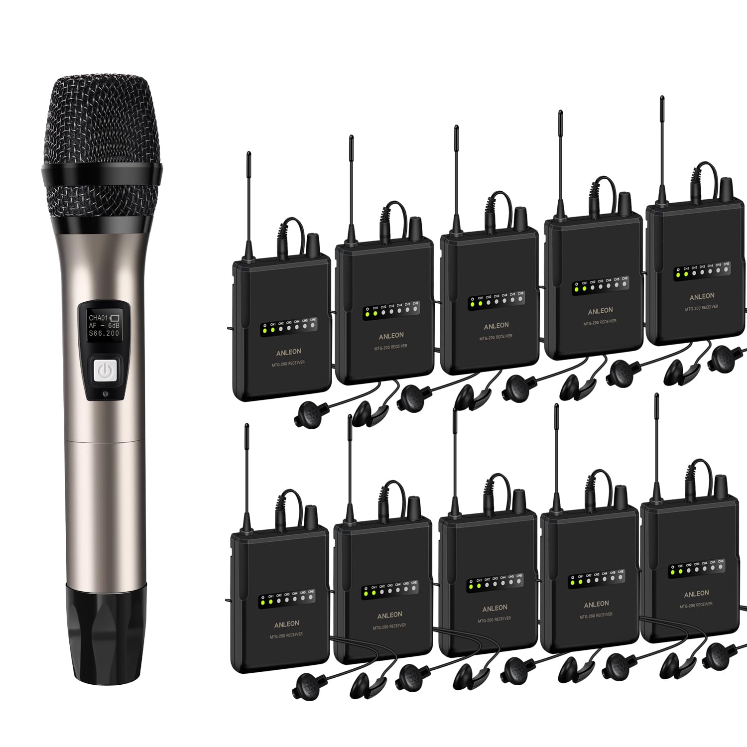 MTG-200 MIC Tour Guide Audio System, Wireless Handheld Transmitter, Tour Guide Microphone,1 Handheld Transmitters 10 Receivers