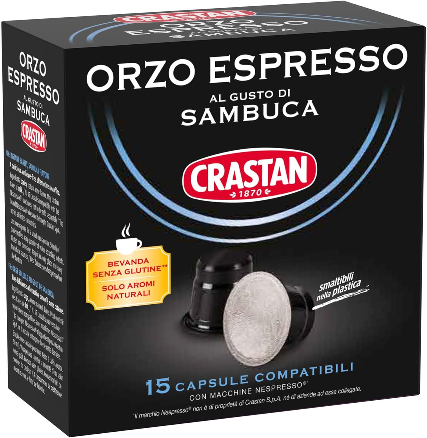 CRASTAN 1870, 15 Capsule, 1 Box da 15 Capsule di Orzo Espresso al Gusto Sambuca, Capsule Compatibili con Sistema Nespresso, Bevanda Senza Glutine, 100% Made in Italy Orzo alla Sambuca 15 unità (Confezione da 1) - Immagine 1