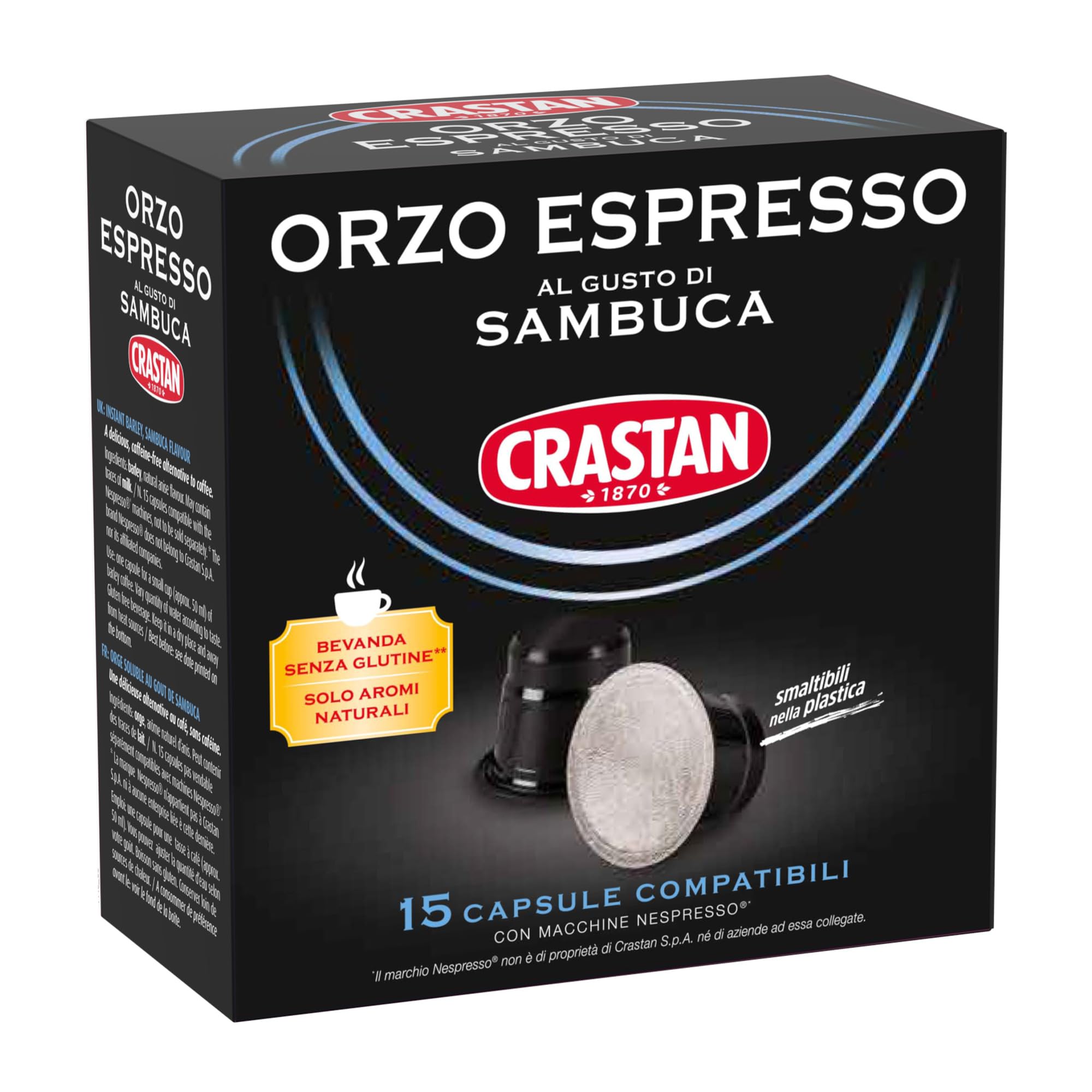 CRASTAN 1870, 15 Capsule, 1 Box da 15 Capsule di Orzo Espresso al Gusto Sambuca, Capsule Compatibili con Sistema Nespresso, Bevanda Senza Glutine, 100% Made in Italy Orzo alla Sambuca 15 unità (Confezione da 1)