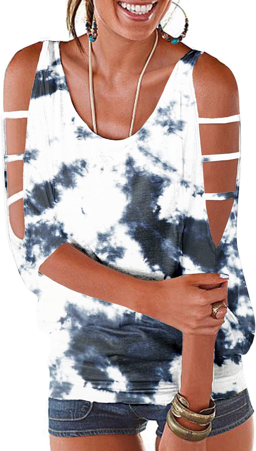 Womens Summer Cold Shoulder Tops 3/4 Sleeve T Shirts Pullover Casual Dolman Blouses
