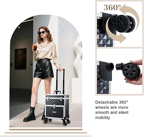 Miniatura 6 de Adazzo Estuche de maquillaje profesional con ruedas para artistas de maquillaje, estuche de tren de cosméticos multifuncional, estuche de