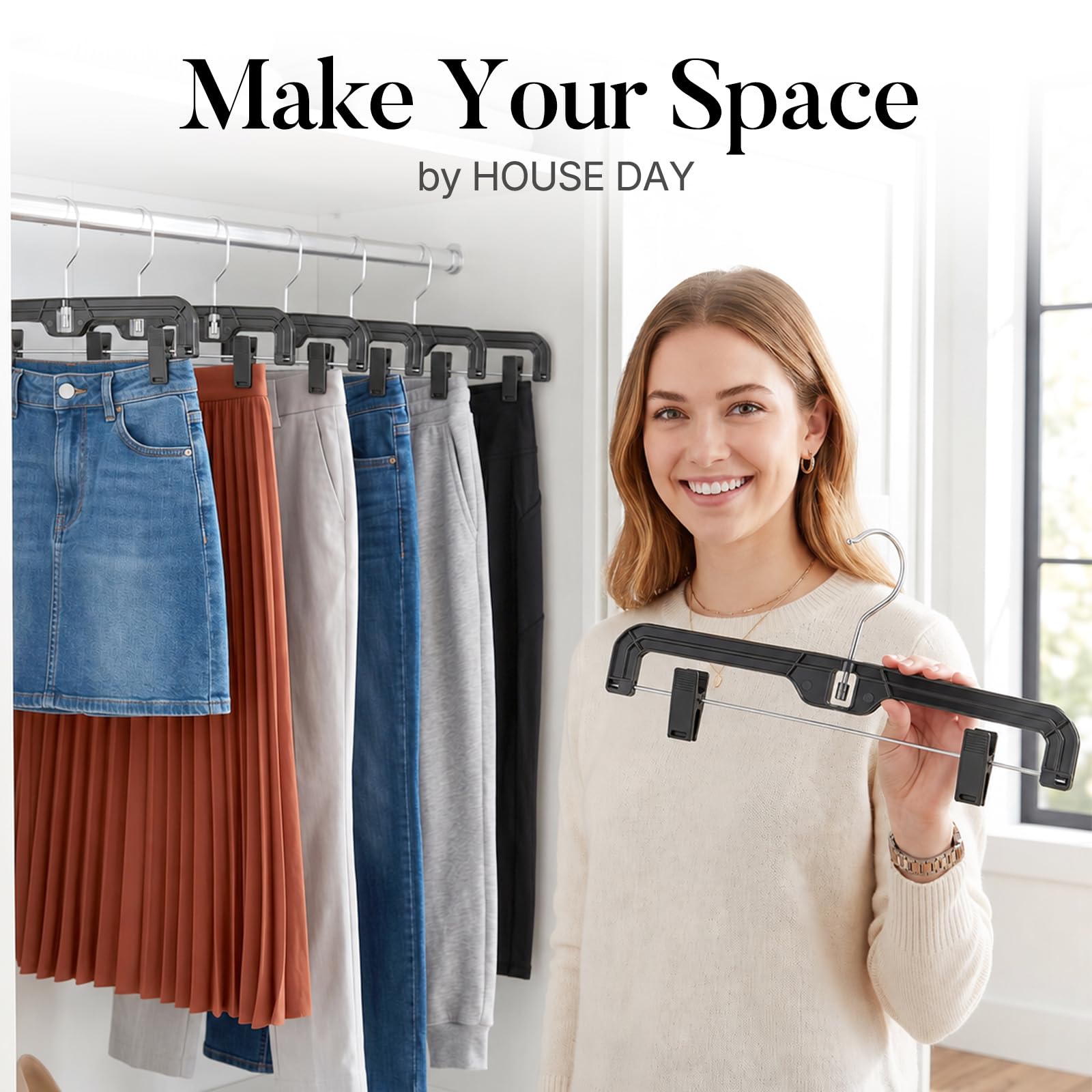 HOUSE DAY Appendini per pantaloni neri con clip, 12 pezzi, ciondoli a forma di gonna in plastica per donna, ganci a clip da 35 cm per pantaloni, gonne, jeans, pantaloncini e leggings, con gancio