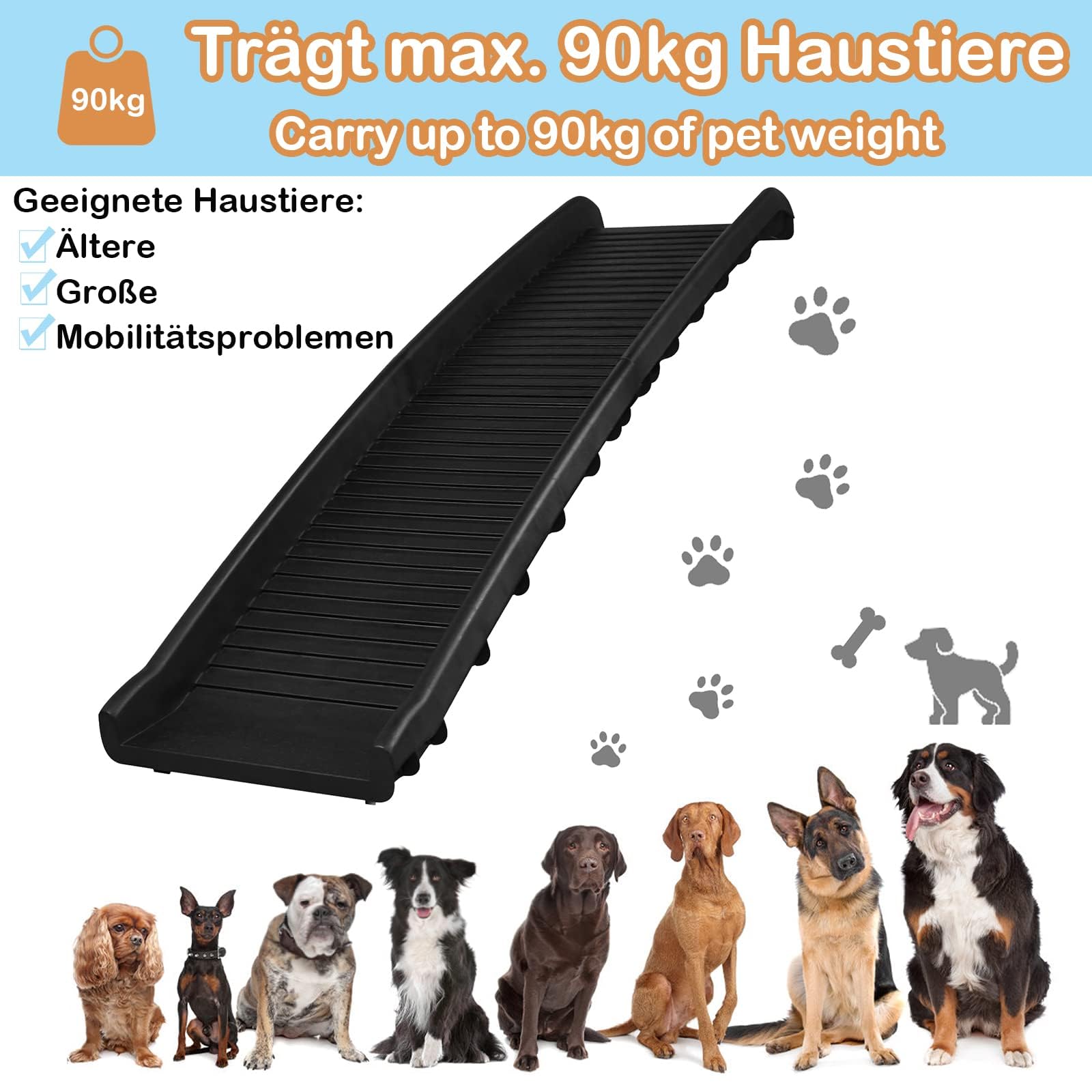 LZQ Rampe pour chien et animal de compagnie - Pliable - Antidérapante - Pour grands animaux de compagnie jusqu'à 90 kg - Noire