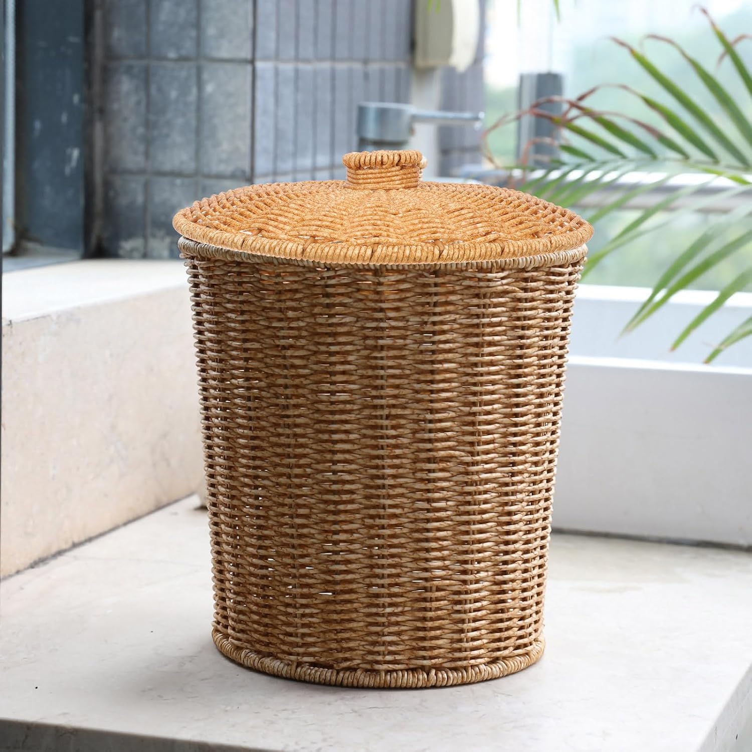 Plastic Imitation Rattan Waste Bin Lid for Trash Can