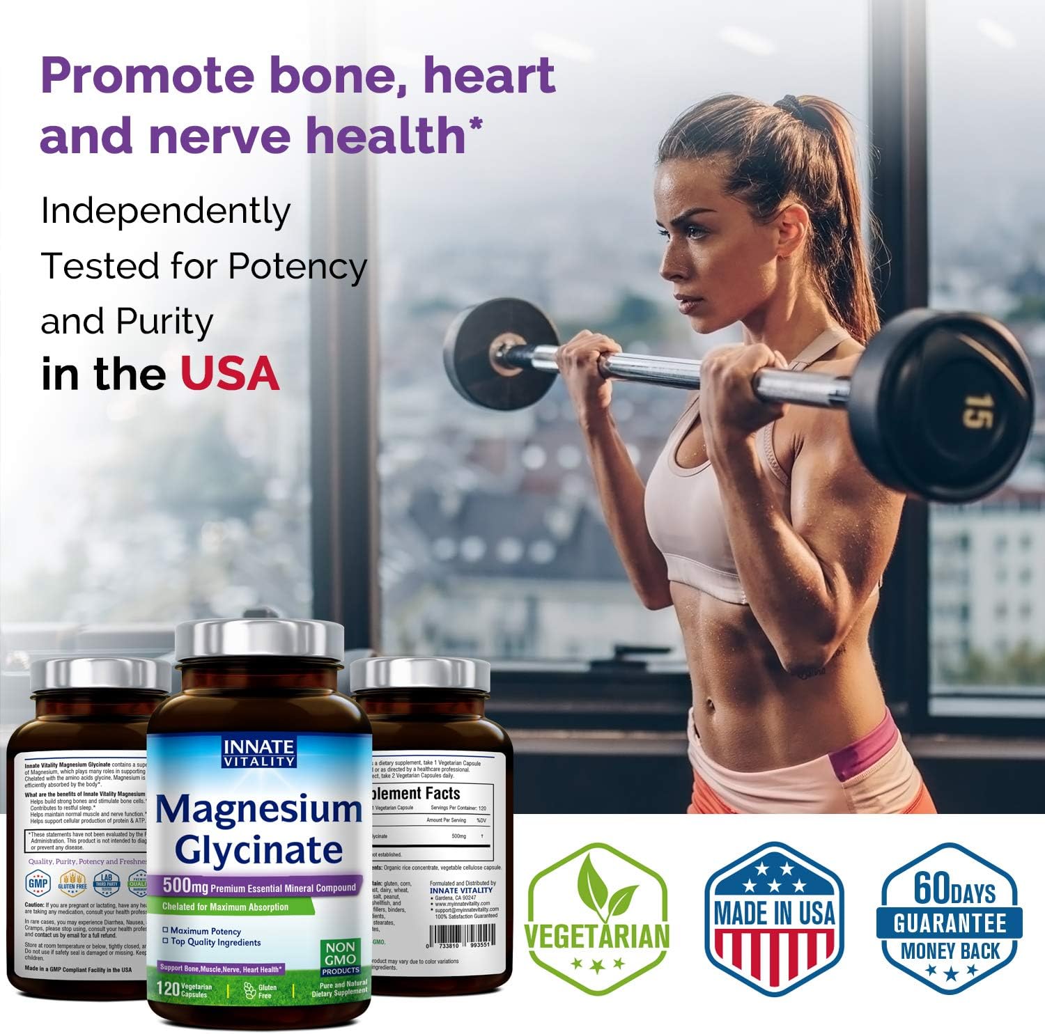 Magnesium Glycinate 500mg per Caps, 120 Veggie Caps, Chelated for Maximum Absorption, Non-GMO, NO Gluten Dairy & Soy, Supports Muscle, Bone, Joint, and Heart Health, Stress Relief & Sleep: Health & Personal Care