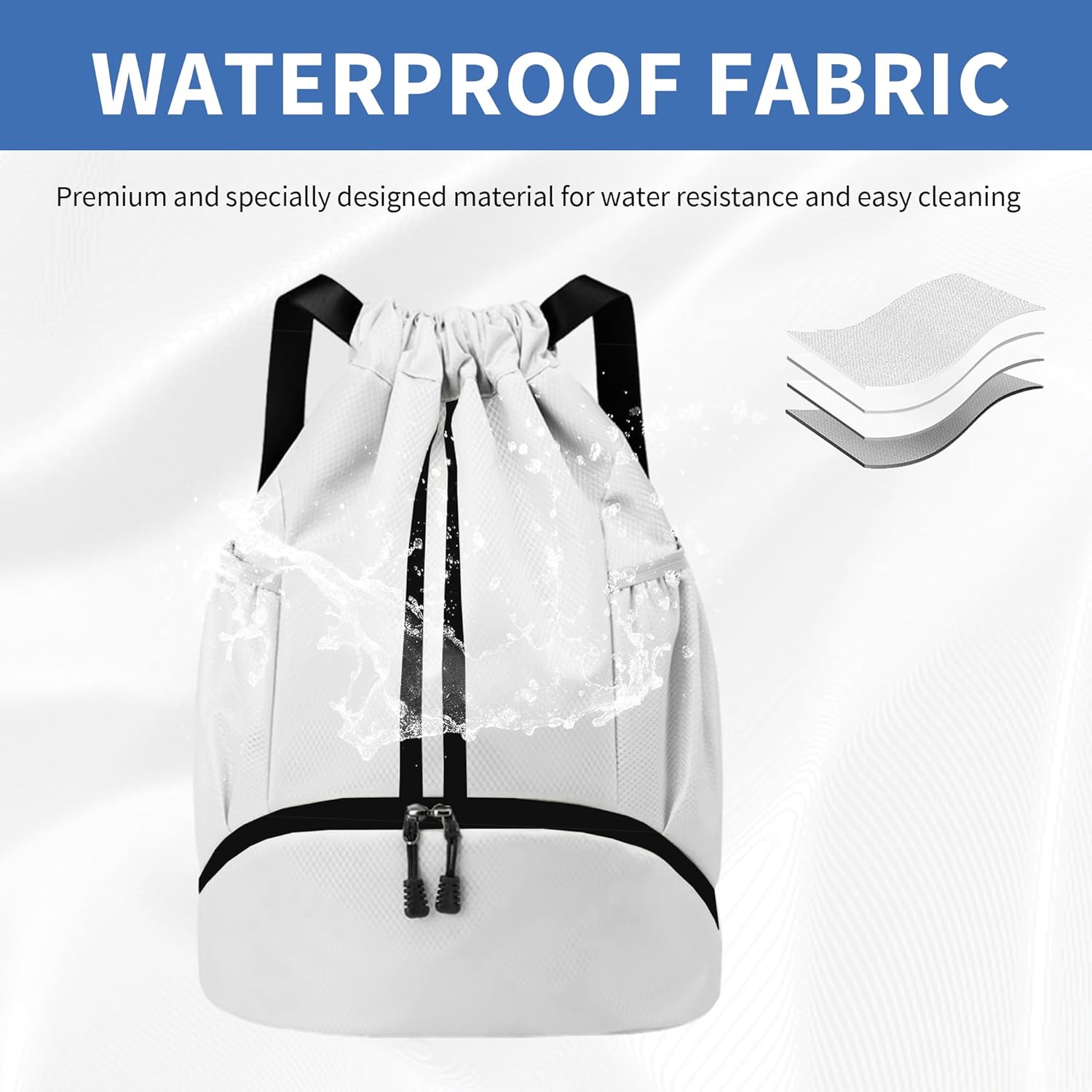 JELUTAR Drawstring Backpack Gym Bag with Shoes Compartment for Soccer, Basketball, Swim, Water-Resistant String Backpack Beach Cinch for Women Men, White