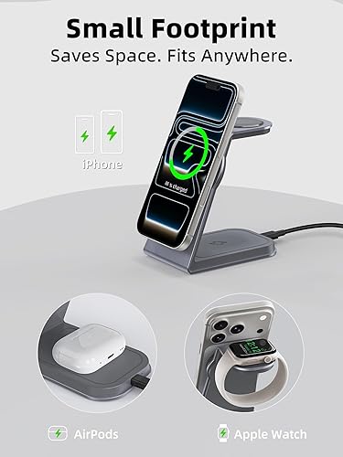 Miniatura 3 de Soporte de cargador inalámbrico magnético 3 en 1 2025 para dispositivos Apple, estación de carga rápida de 15 W con certificación TRIBONE Qi2 para