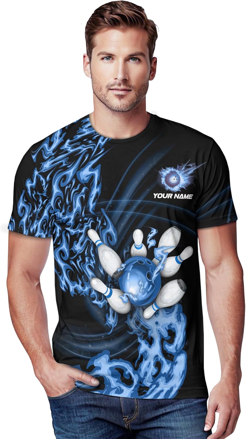 Unisex Bowling Tshirt Personalized Blue Flame Bowling Pin Tee Shirt for Beginner 3 D Bowling Themed Clothing