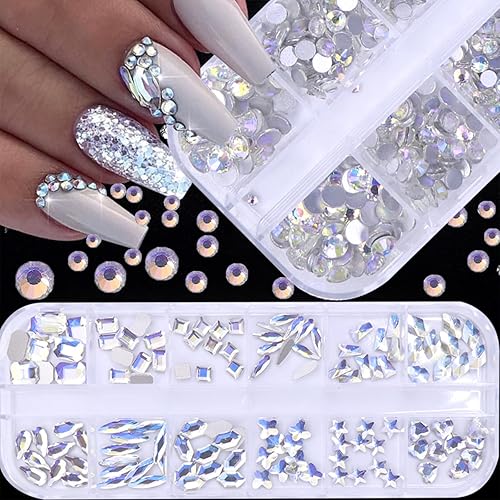 Miniatura 5 de BELICEY Diamantes de imitación para arte de uñas, blanco y azul, con parte trasera plana, redondos, piedras preciosas para uñas con cristales de