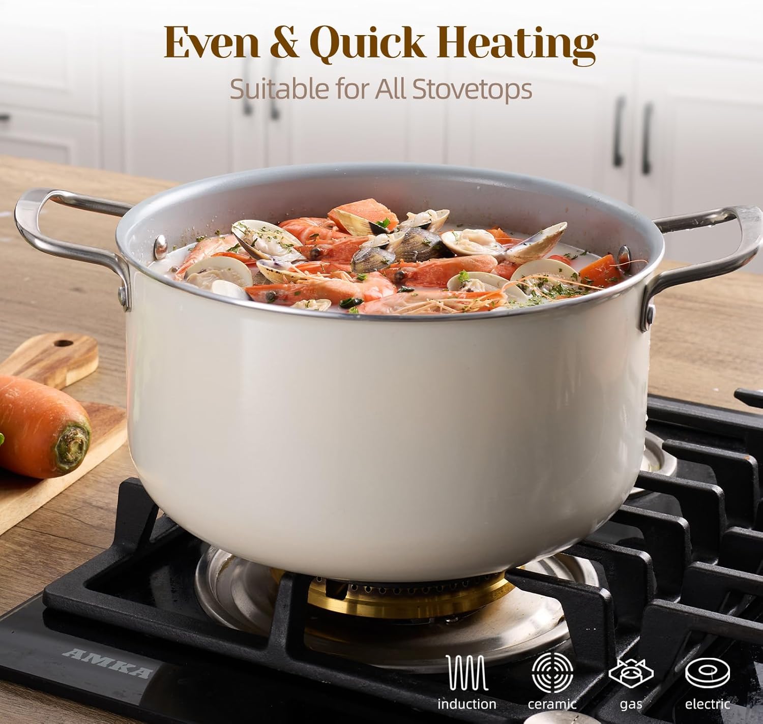 Ceramic Nonstick Stock Pot with Lid 8 QT Large Induction Cooking Pot with Stainless Steel Handles, Non Toxic Soup Pot for Stews, Oven & Dishwasher Safe, Cream White