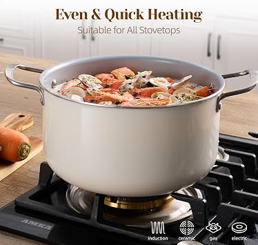 Ceramic Nonstick Stock Pot with Lid 8 QT Large Induction Cooking Pot with Stainless Steel Handles, Non Toxic Soup Pot for Stews, Oven & Dishwasher Safe, Cream White