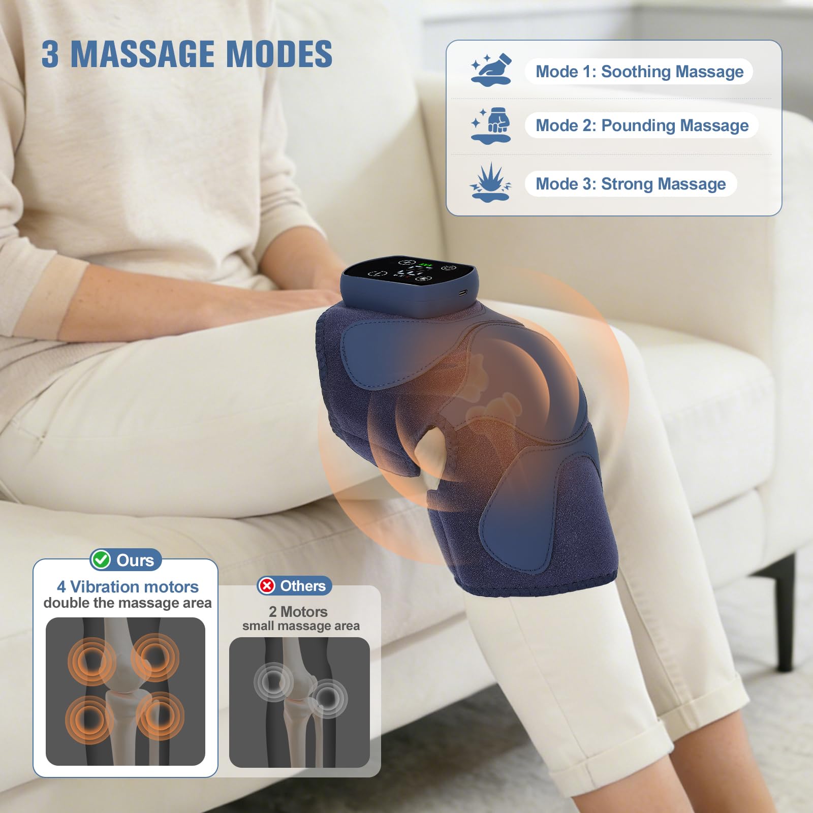 Kabelloses Knie Massagegerät mit Wärme, 4 Vibrationsmotoren & 5 Heizstufen (40-60°C), 5000mAh Akku, 3 Massagemodi, Touchscreen & Fernbedienung, Beheiztes Kniepad für Schulten & Ellbogen