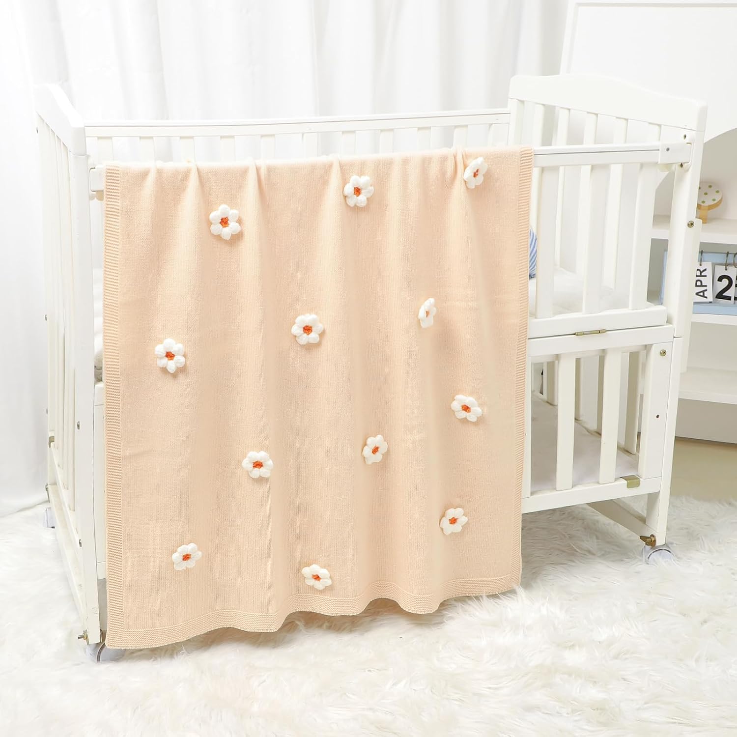 Cotton Baby Blanket Soft Knitted Infant Swaddle Receving Crib Blanket with Cute Handmade Flowers
