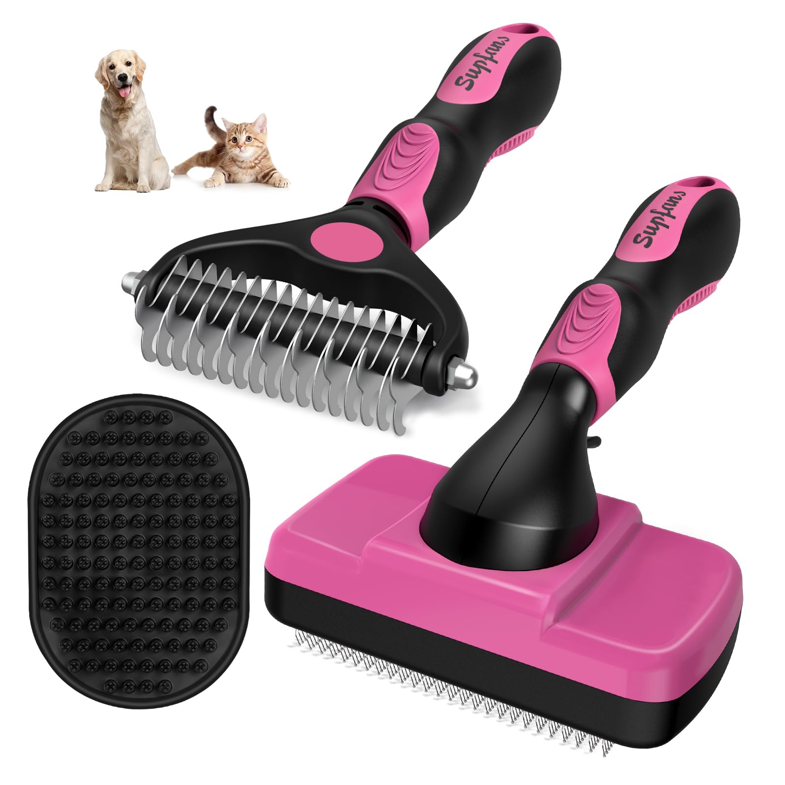3-Piece Dog Brush Set - Slicker Brush & Comb for Shedding & Bathing - Premium Pet Supplies (Red & Black)