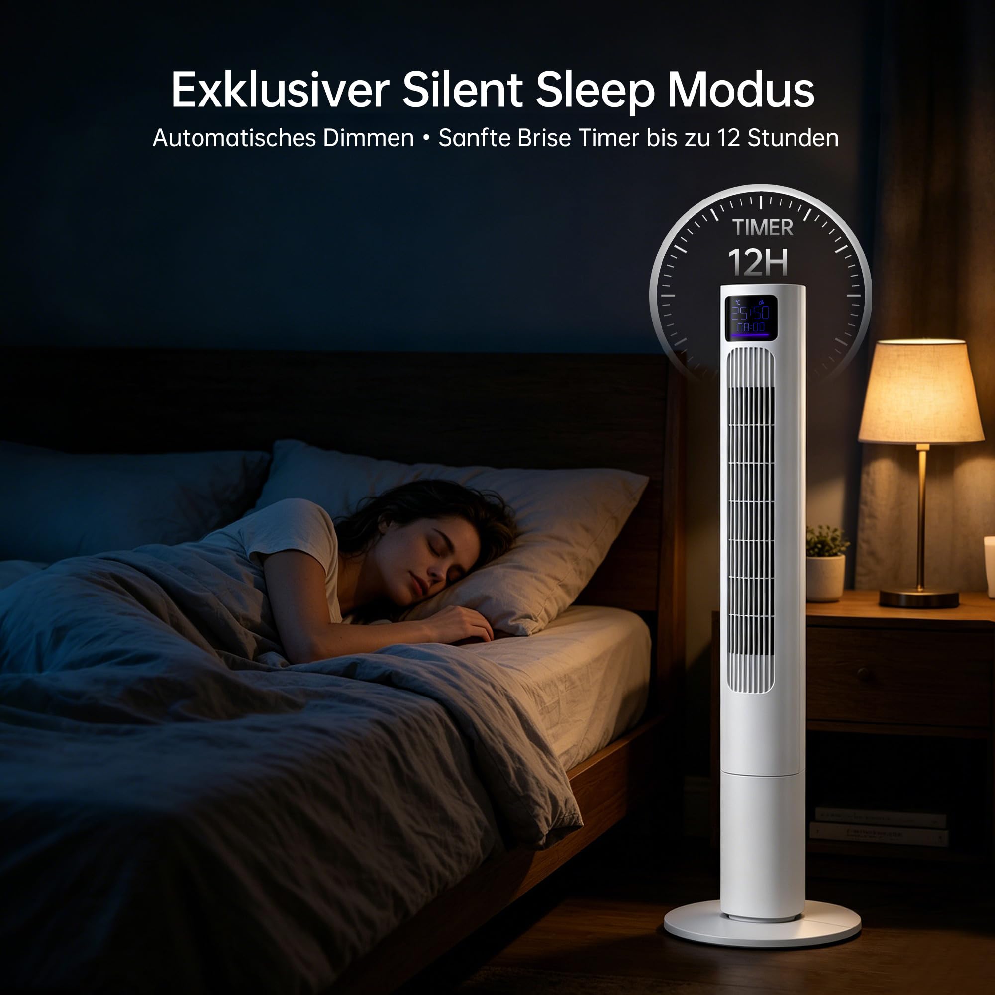 HEALLUX Turmventilator 115 cm, leiser Ventilator mit Fernbedienung, 10 m Wurfweite, 4 Geschwindigkeiten & 4 Modi, 90° oszillierend, 12h Timer, energiesparend, Tower Fan für Schlafzimmer, Weiß