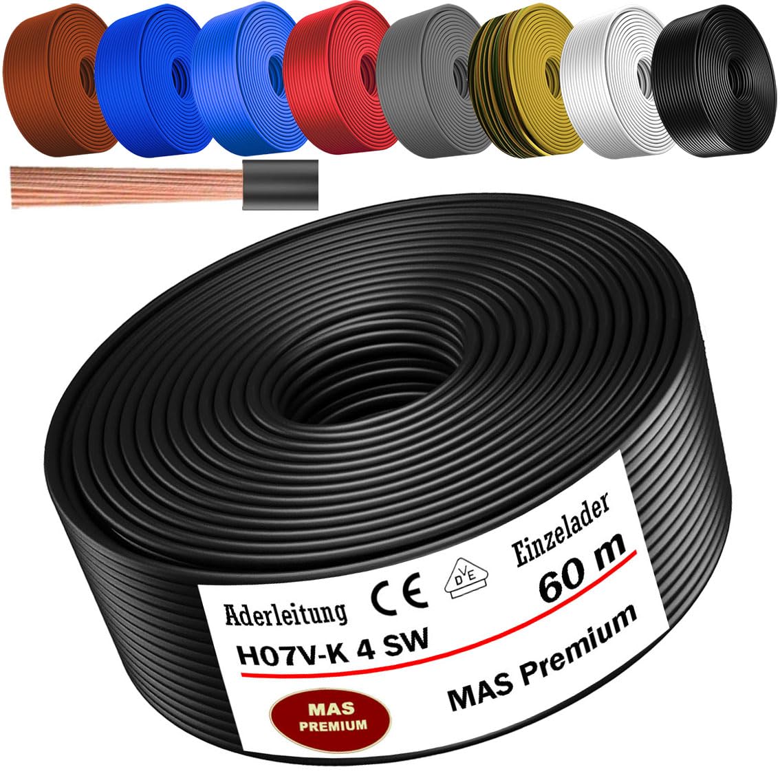 MAS Premium Przewód żyłowy H07 V-K 4 mm² od 5 do 100 m, czarny, brązowy, ciemnoniebieski, zielono-żółty, szary, jasnoniebieski, biały lub czerwony, pojedynczy kabel elastyczny (czarny, 60 m)