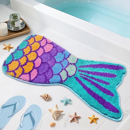 NIGOWAYS Alfombras de baño de sirena, alfombra trasera de goma suave y absorbente, lavable a máquina, para baño, bañera y ducha, color verde púrpura