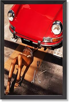 Flat Framed Retro Red Car Photo Canvas Posters Vintage Luxury Cars Wall Art Sexy Hot Bikini Woman Prints Painting For Living Room Bedroom Apartment Wall Decor 16x20in