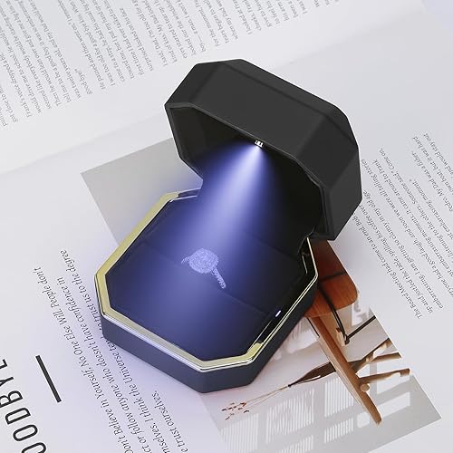 Miniatura 6 de Caja de joyería LED de lujo, caja de regalo de terciopelo, organizador para propuestas, compromiso, boda, aniversario, cumpleaños, ceremonia (negro)