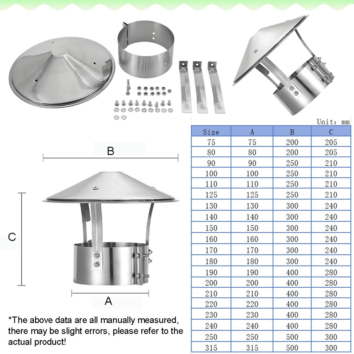 Comignolo in Acciaio Inox, Cappello per Camino Conico Cappa, Comignolo Antivento Antipioggia, per Scarico Fumi ø75-315 mm, Copertura per Camino(315mm/13in)