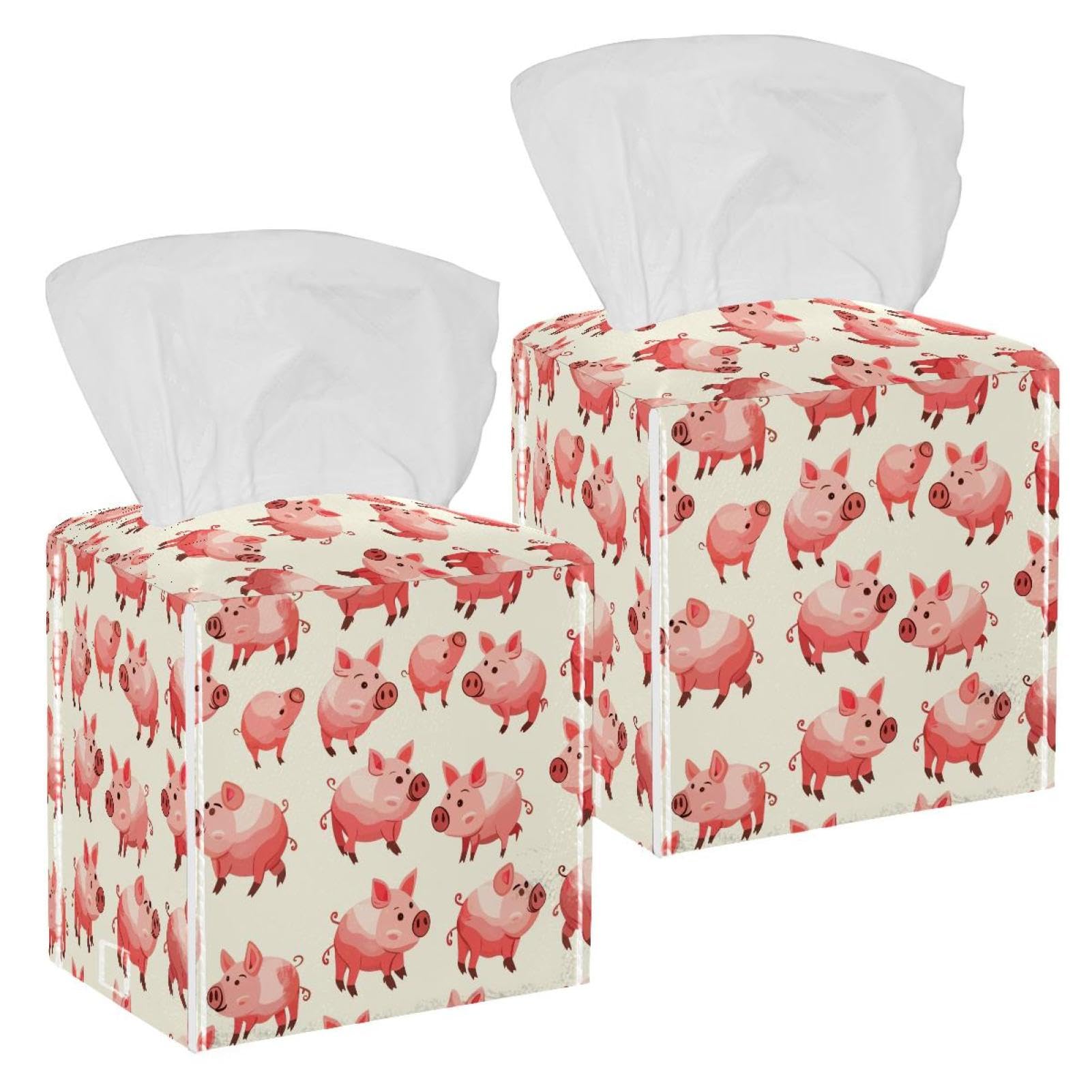 Pink Pigs Tissue Box Cover, 2 Pack PU Leather Square Facial Tissue Dispenser Box holder for Home Office Car