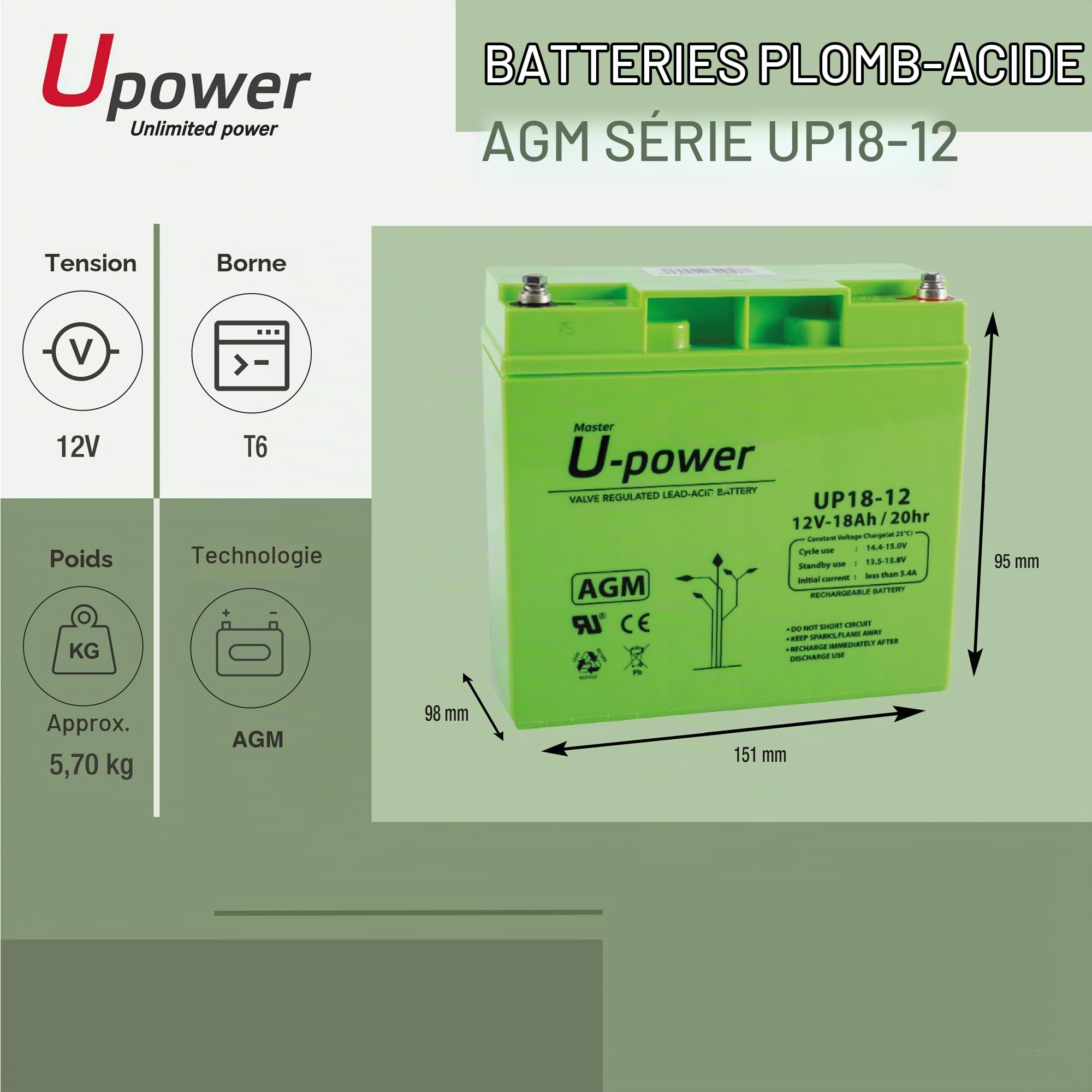 Batería U-Power Plomb AGM 12V 18Ah T6mm (Lot de 2)