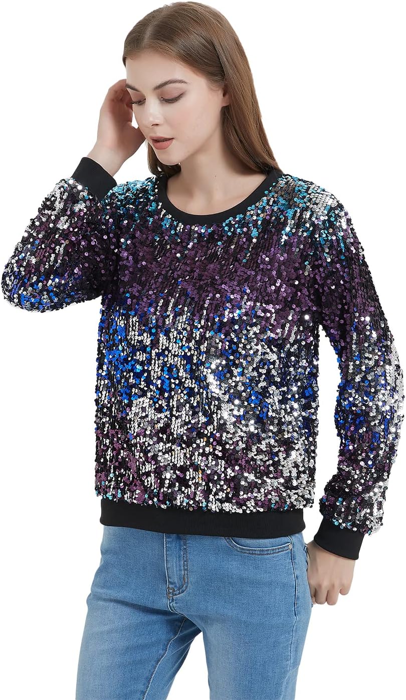 Anna-Kaci Women Juniors Sparkly Long Sleeve Sequin Pullover Sweatshirt Top,