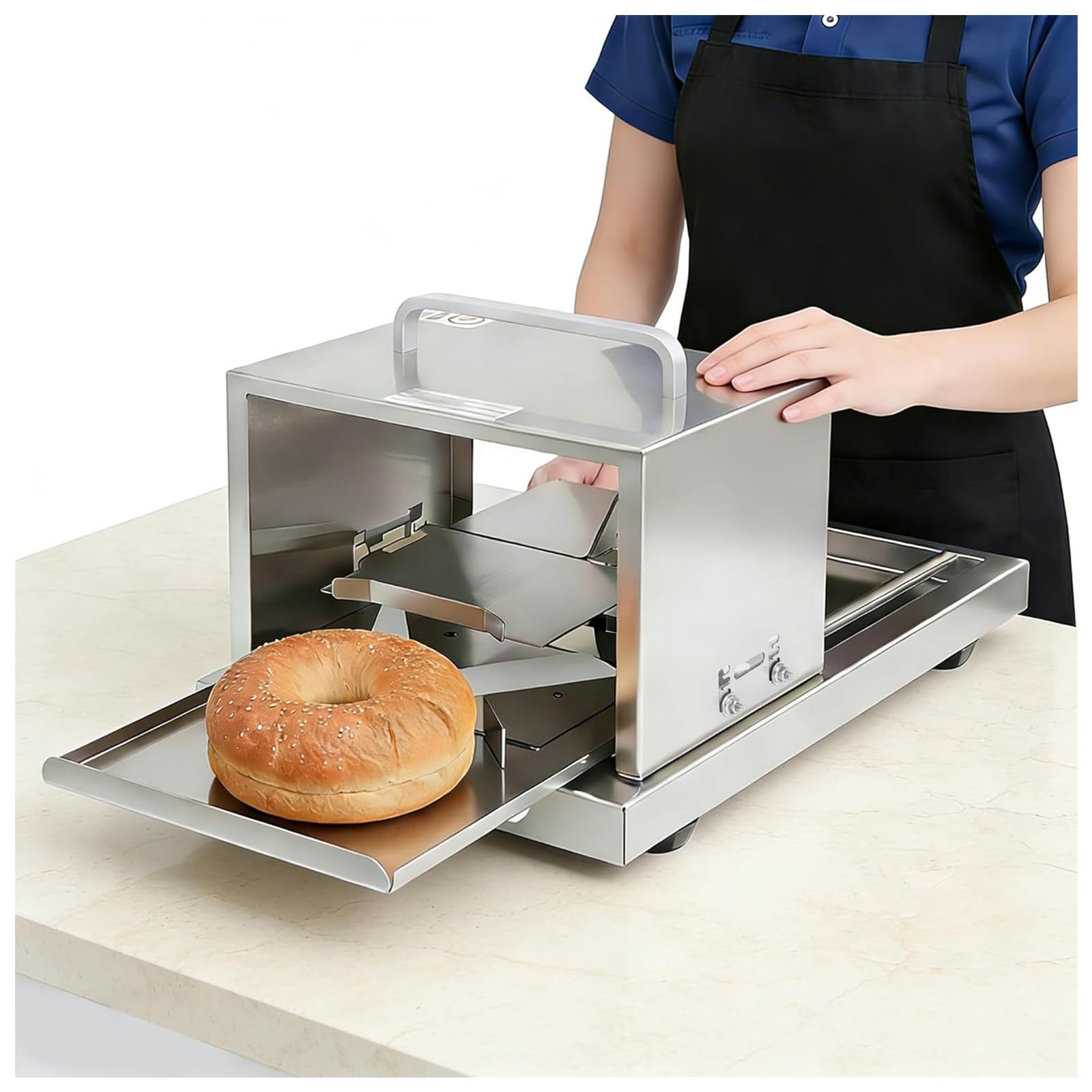 MIAOXIAOLONG Commercial Bagel Slicer Manual Bread Cutter – Heavy-Duty Stainless Steel with Serrated Blade, 4 Thickness Levels, Safe Push-Pull Ope-ration for Cafes, Bakeries & Family Breakfast