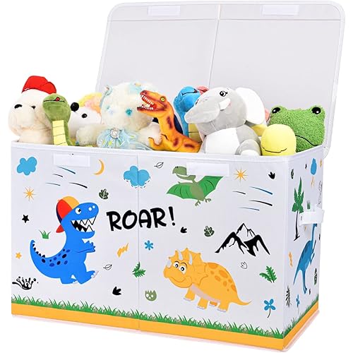 Dinosaur Kids Toy Box - Collapsible Toy Storage Chest 25"x13"x16" Detachable Lid Sturdy Handles Storage Box Bin Books Clothes Organization for Kids Boys Nursery Playroom Bedroom