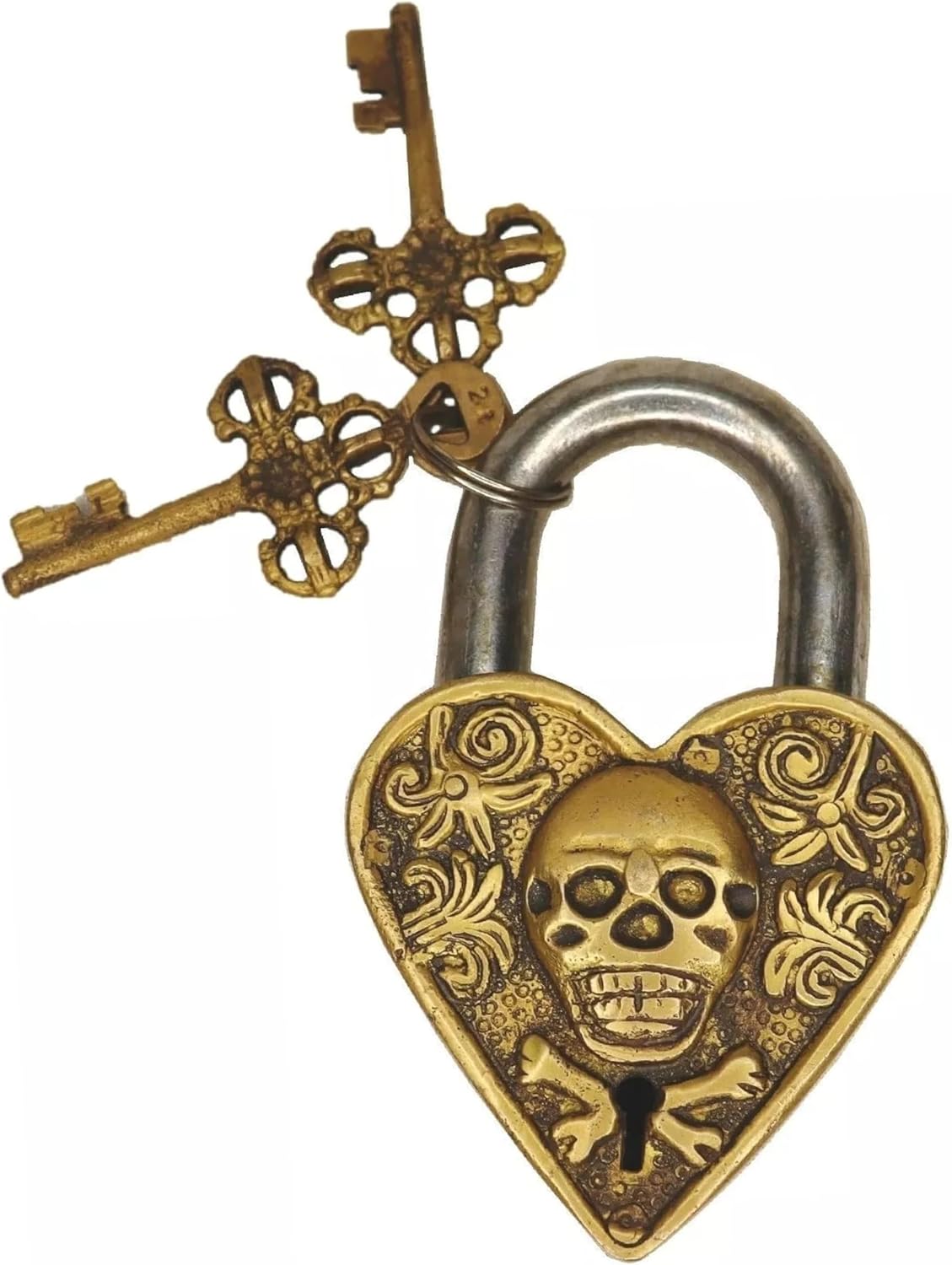 Skull Engraved Heart Shape Door Lock Antique Vintage Style Handmade Brass Padlock with Working Keys