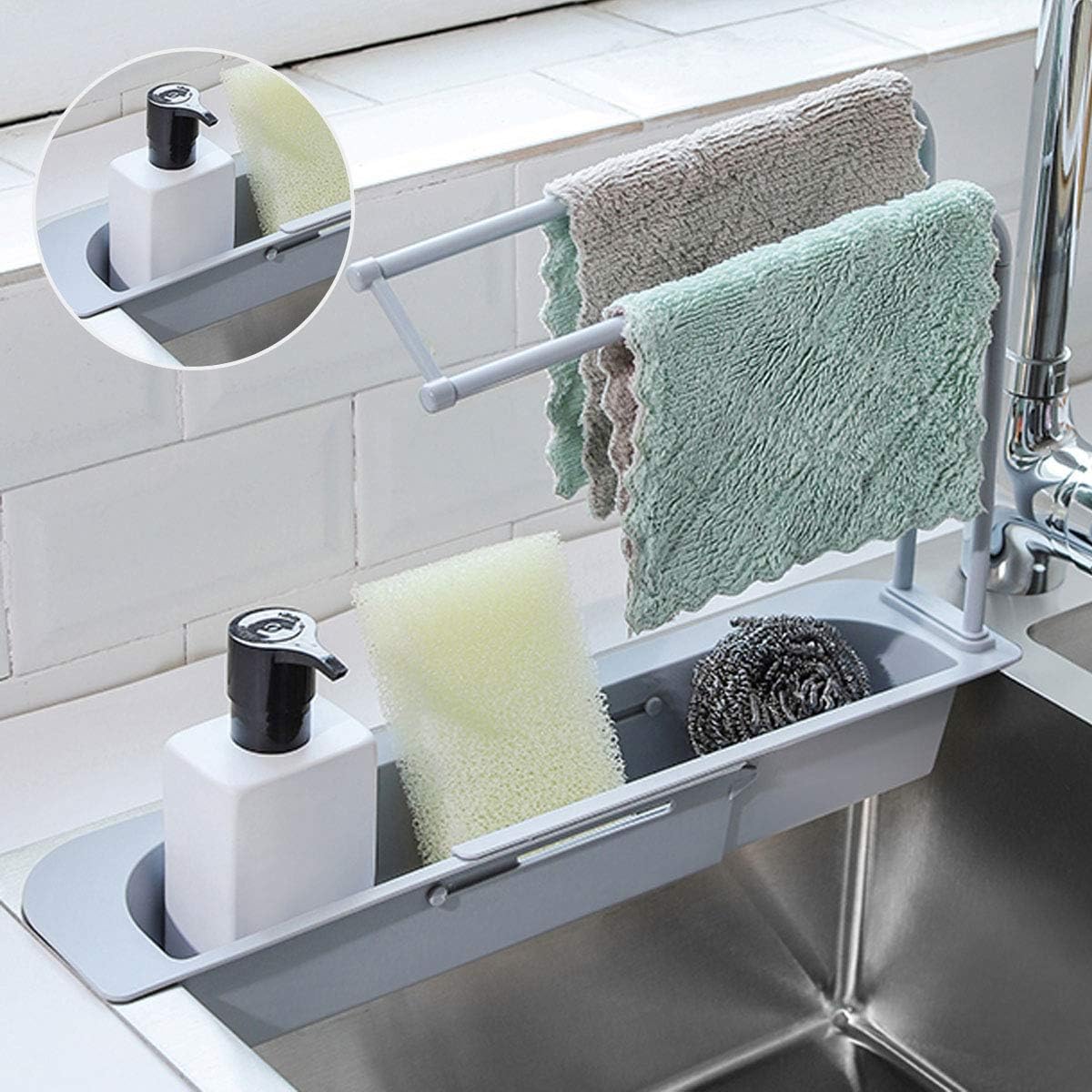 Telescopic Sink Storage Rack Holder Tray- 2 in 1 Dish Cloth Hanger Sink Caddy Drainer Expandable Storage Drain Basket Rack Adjustable Sponge Soap Holder Drainer Sink Tray for Kitchen Bathroom(Gray)