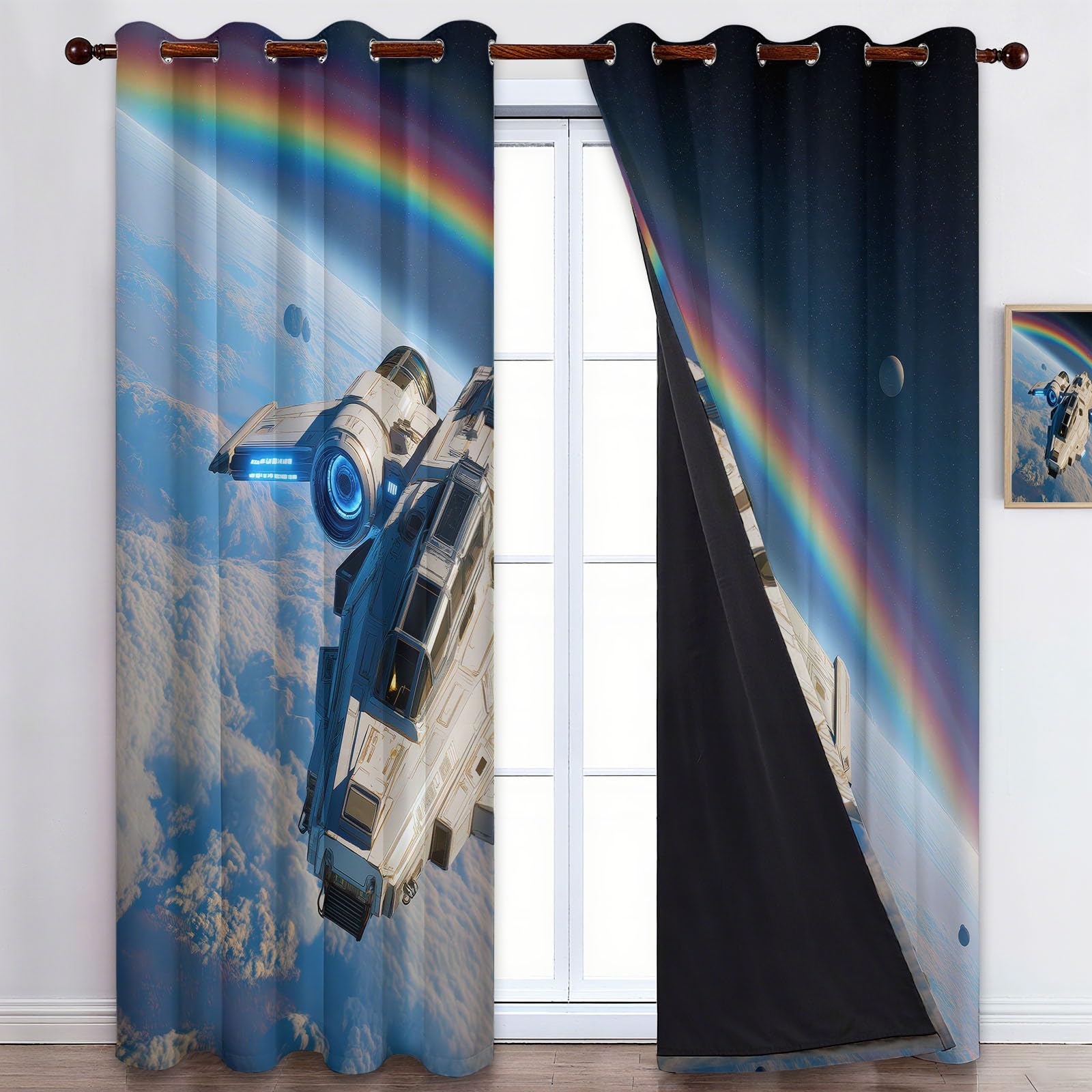 Cortinas de Ventana 140 x 260 cm (2 Paneles) Fáciles de Colgar, Universo Espacial Moderno Nave Espacial Opacas Térmicas Aislantes del Frío y del Calor, Arcoíris para Dormitorio o Sala de Estar