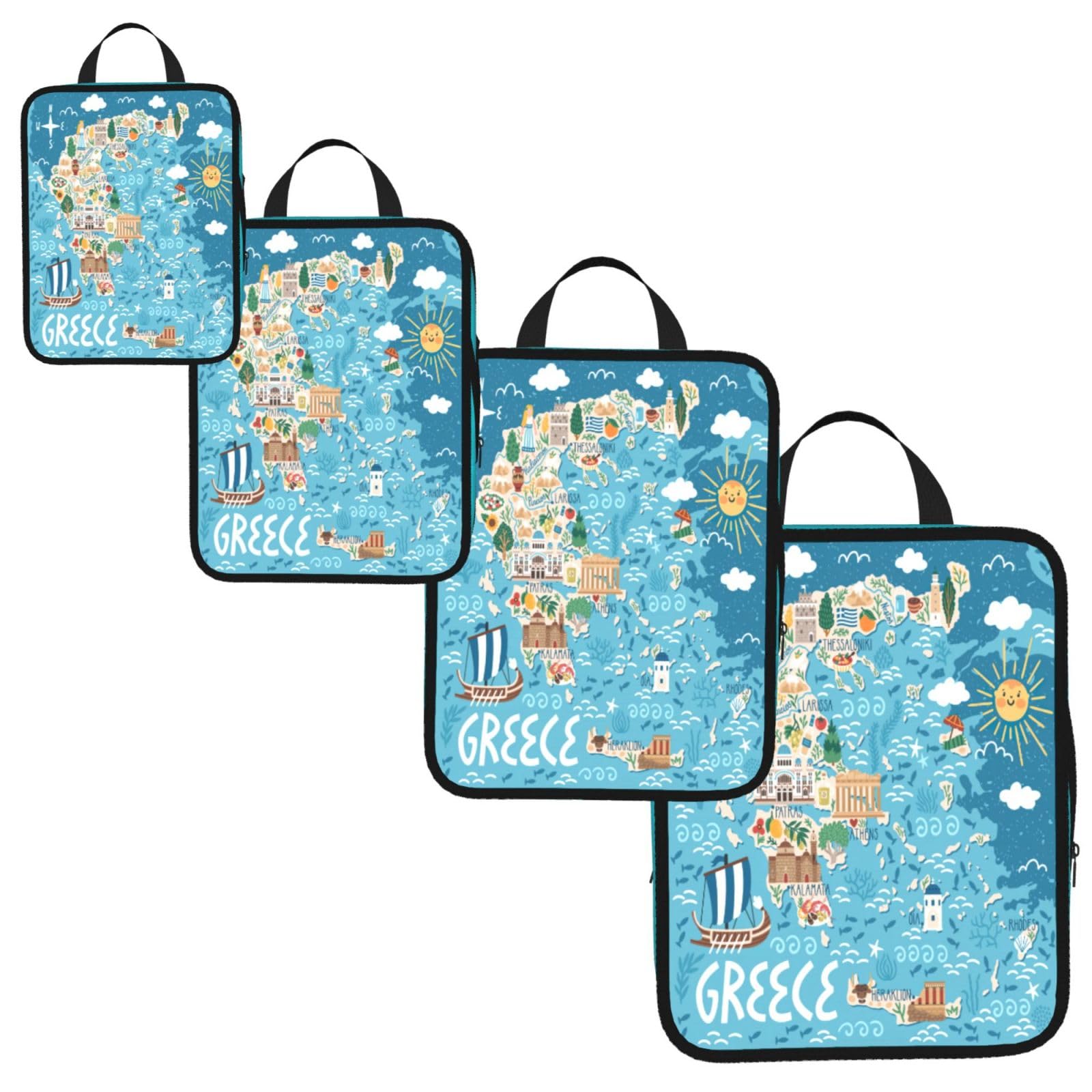 Greece Map Print 4 Set Compression Packing Cubes for Suitcases,Expandable Storage Bags Organizers