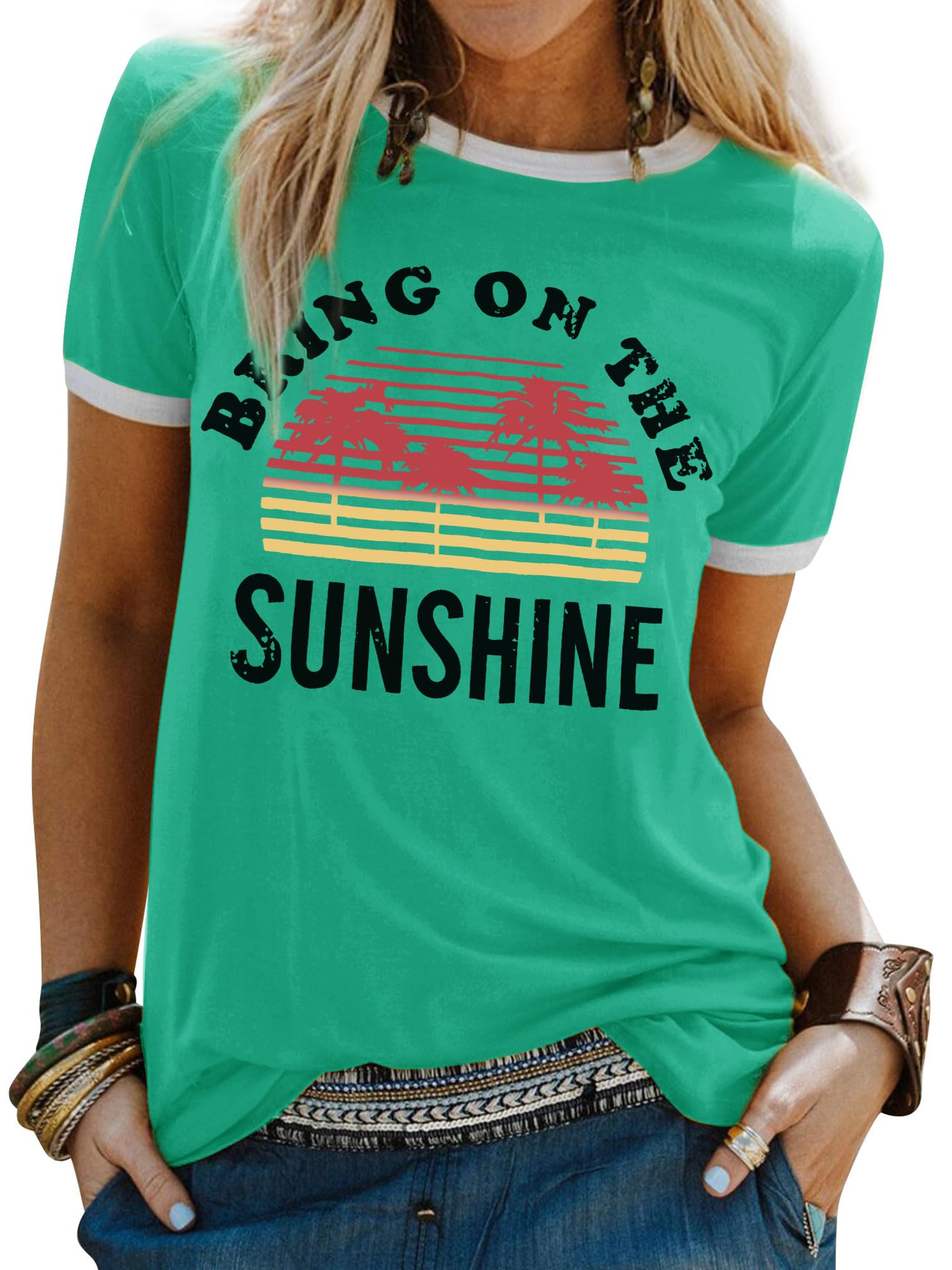 WIEIYM T-Shirt Damen Bring On The Sunshine Tshirt Sommer Lässig Tee Shirt Rundhals Kurzarm T-Shirts Brief Gedruckt Bluse Tops S-XXL