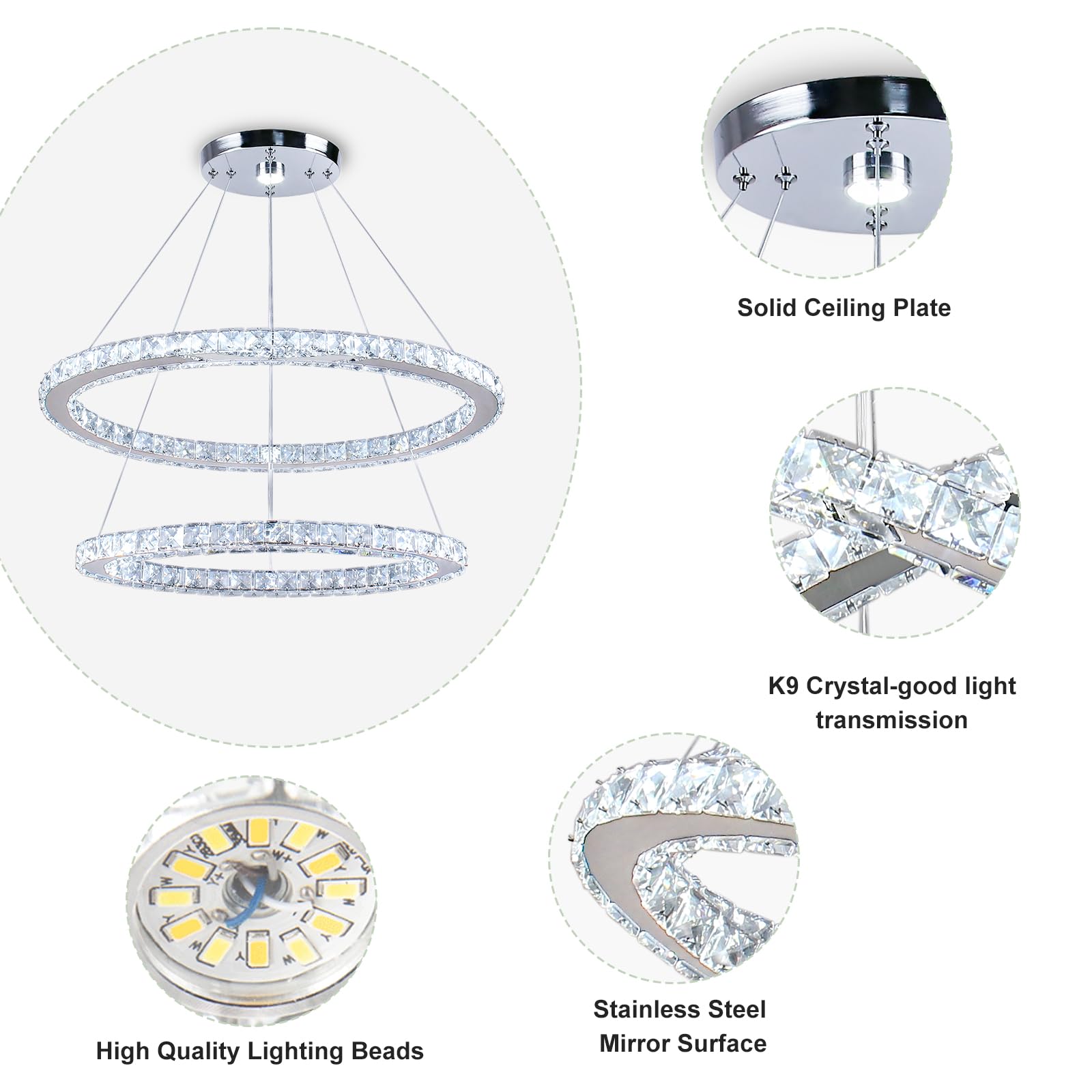 Lampadario Ovale in Cristallo da 60 cm, Lampada a Sospensione LED a 2 Anelli Bianca Fredda Illuminazione per Soffitto per Isola Cucina Sala da Pranzo Soggiorno e Camera da Letto