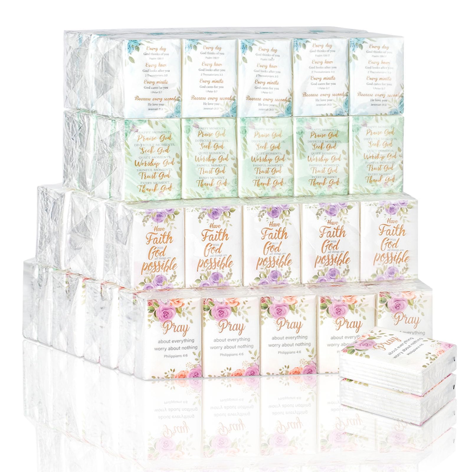 120 Pack Bible Theme Facial Tissues Individual Pack Bulk Christian Pocket Size Travel Kleenex with Floral Pattern for