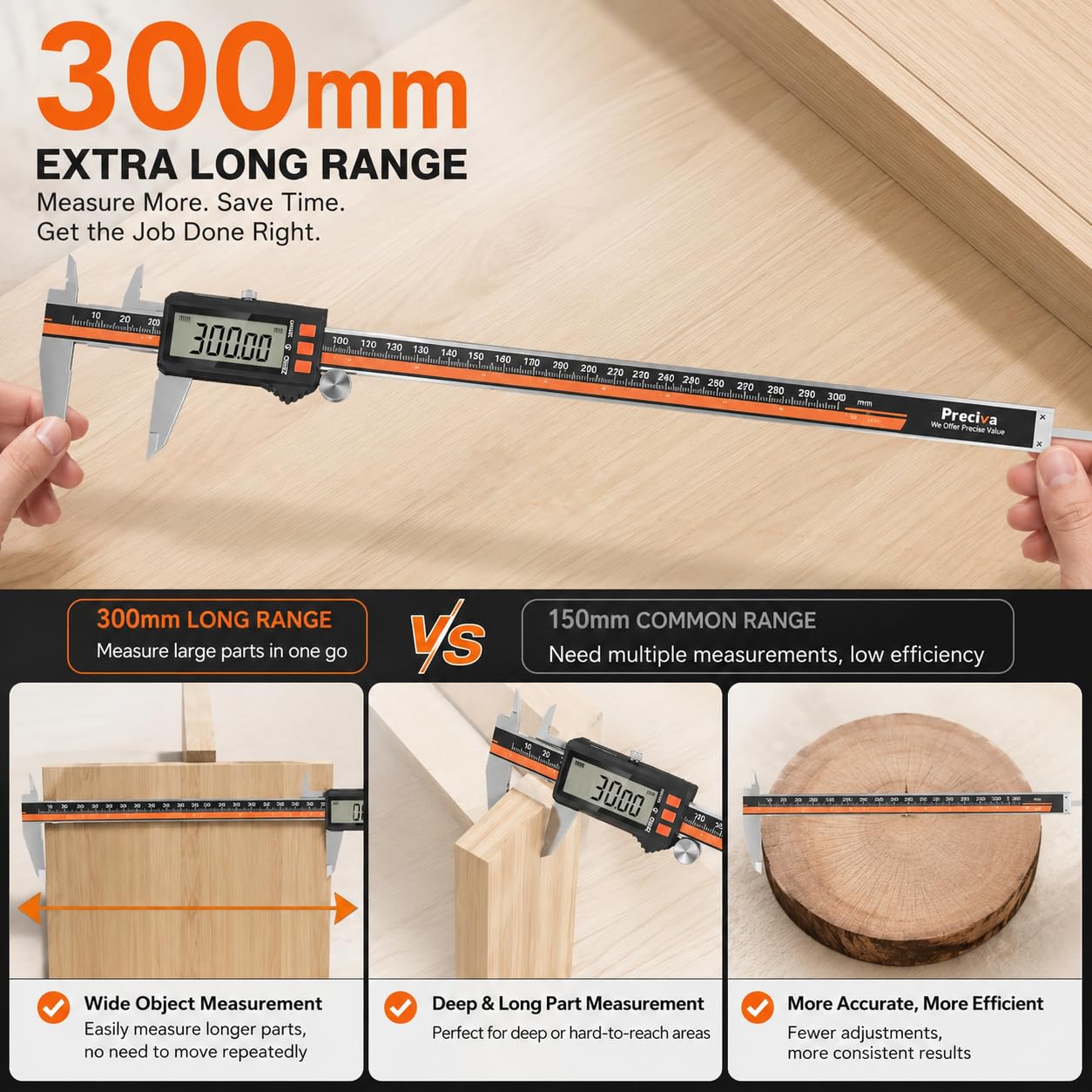 Preciva Calibre Digital 300mm Recargable USB-C, Pie de Rey Electrónico de Acero Inoxidable con Pantalla LCD, Medición 0-12" / 0-300 mm Alta Precisión para Interior, Exterior y Profundidad