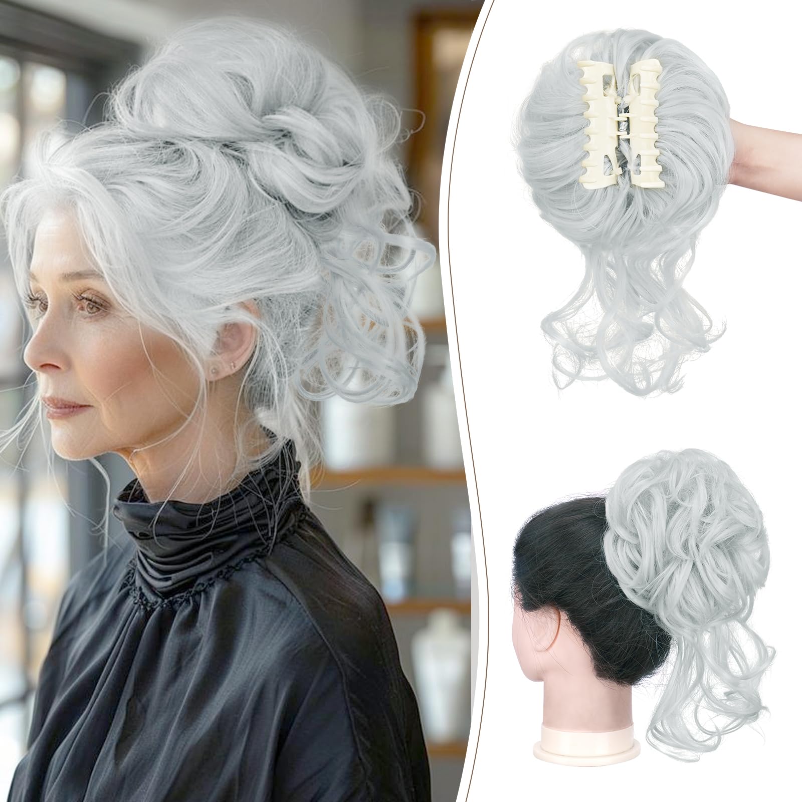 Curly Grey Hair Bun Clip in Synthetic Hair Extensions for Women Stylish Oseti Curly Grey Hair Bun Clip | Synthetic Hair Extension  main image 3