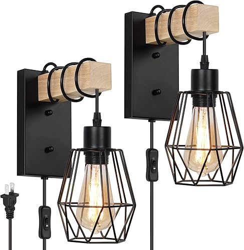 Apliques de pared, lámpara de pared con cable enchufable, juego de 2 con pantalla de jaula de metal, luces de pared de madera maciza para