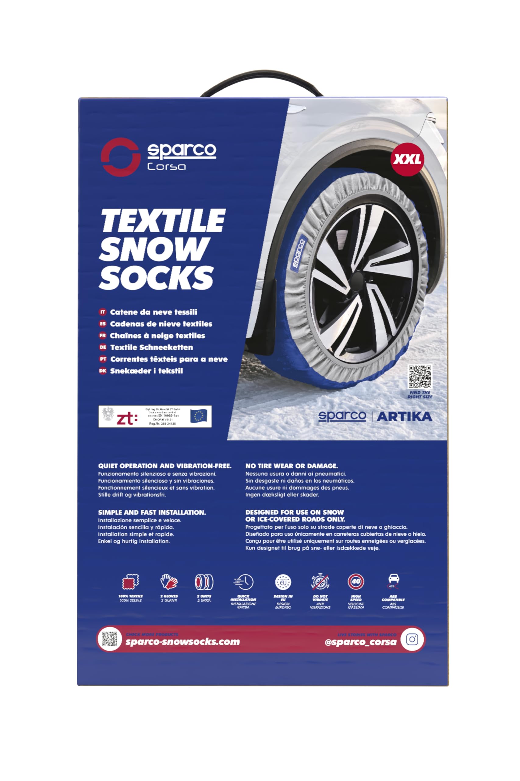 Sparco Chaînes à neige textiles modèle Artika taille XXL. Silencieuses et sans vibrations. Installation rapide et facile. Homologation EN-16662-1 et ÖNORM V5121. Compatibles avec ABS